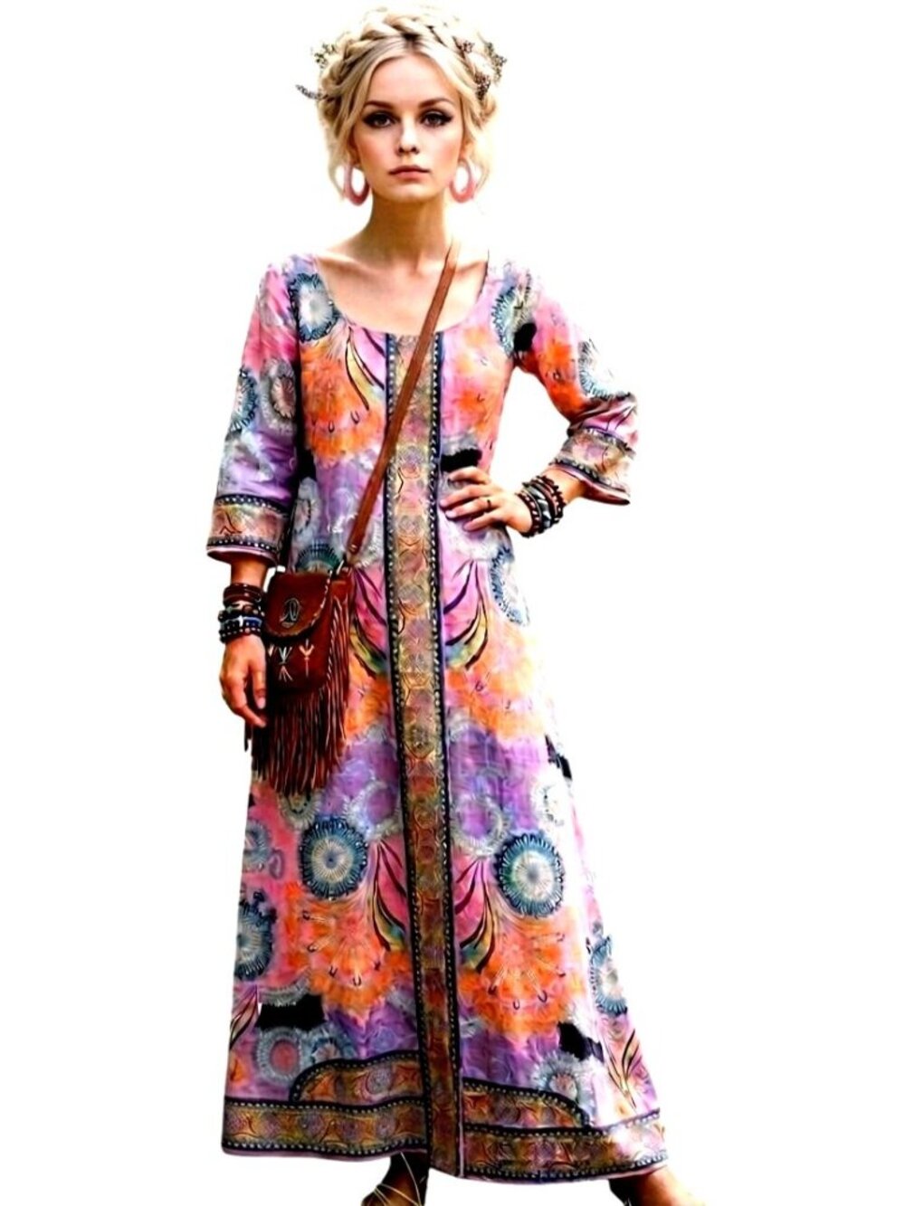Vintage Mod Floral  60s 70s Boho Hippie Festival  Maxi Dress Jacket  Sz 12